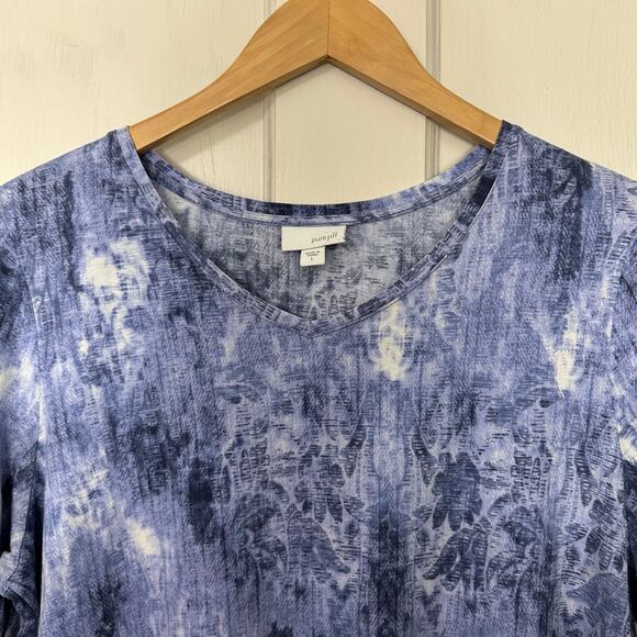 Pure Jill Popover Top Womens Large 3/4 Sleeve Blue Floral V-Neck Cotton Modal - Picture 4 of 7